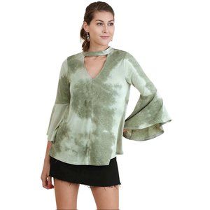 Umgee  NWT  Tie Dye Bell Sleeve Bohemian Top, Sage